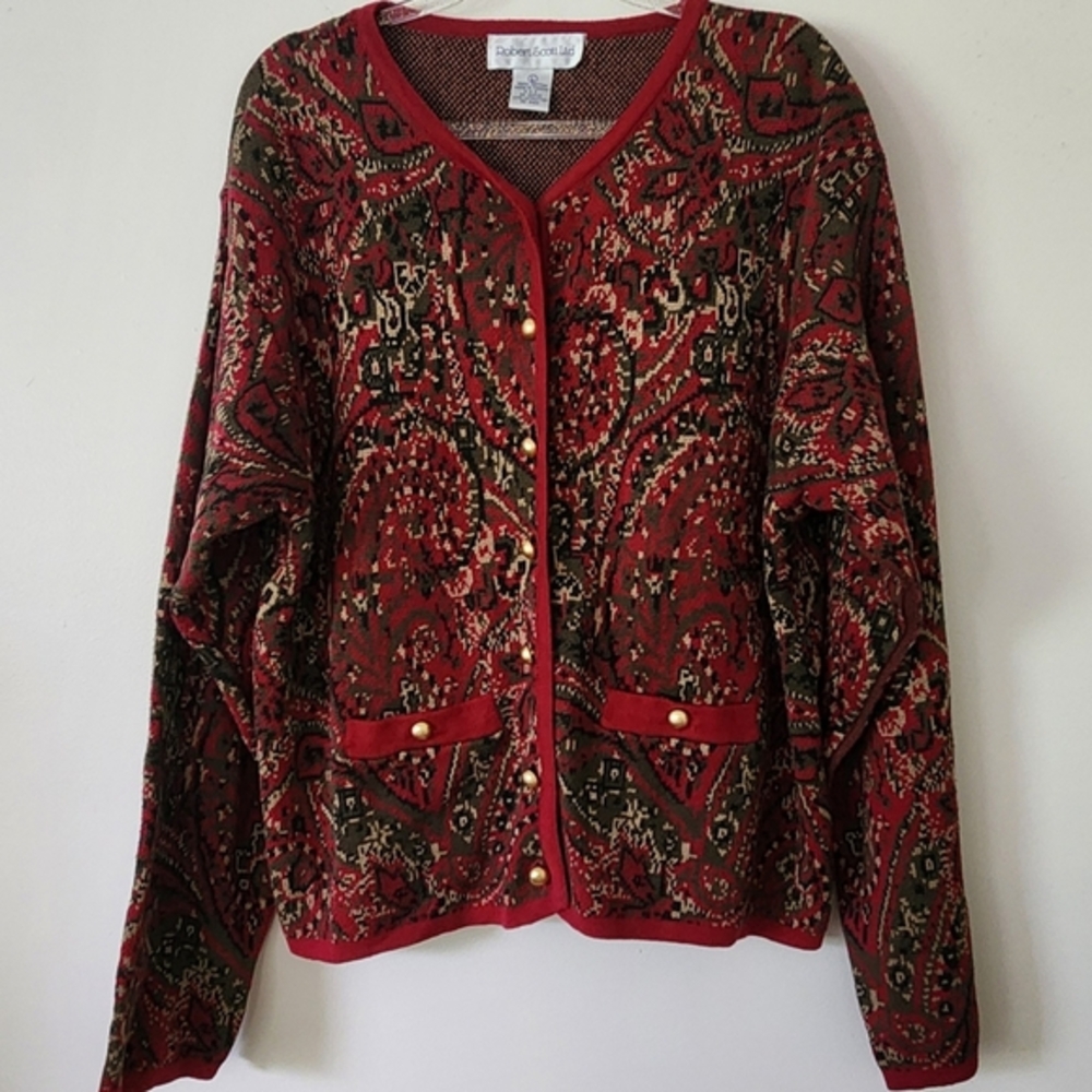 Vintage Robert Scott Cardigan Jewel Tones Paisley Jacquard Grandmacore 80s Large